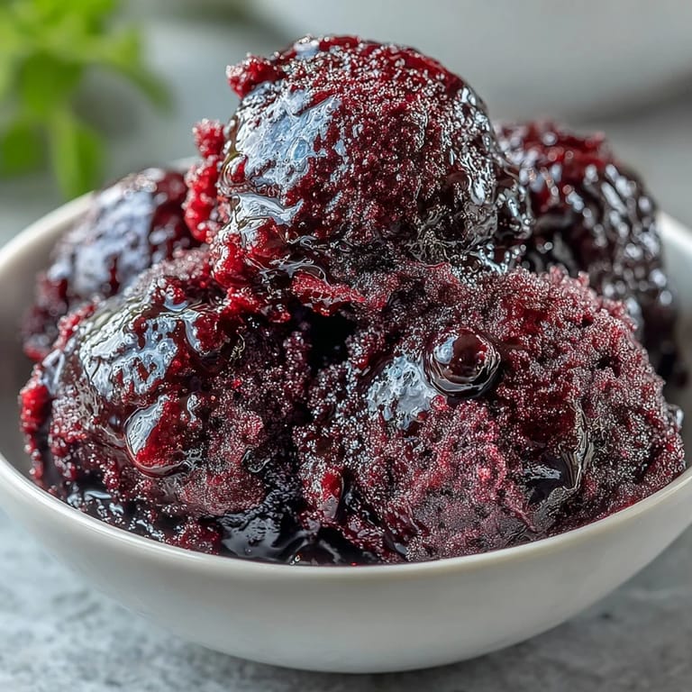 Close-up of rich purple Black Currant Sorbet being scooped, highlighting its smooth, seedless texture and tart, sweet aroma.