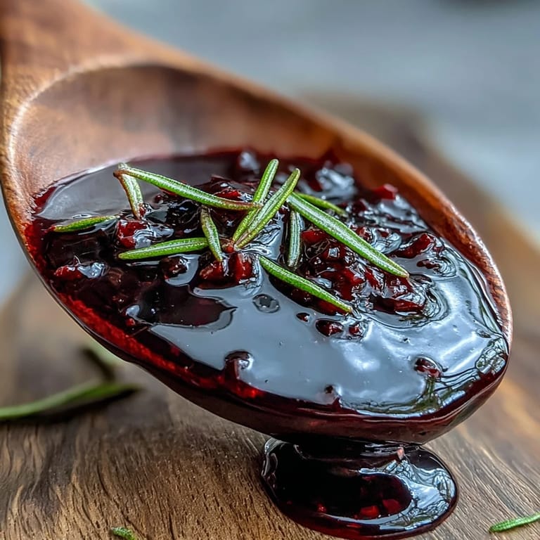 Clear glass jar of Black Currant and Rosemary Reduction, garnished with rosemary, set on a rustic table.