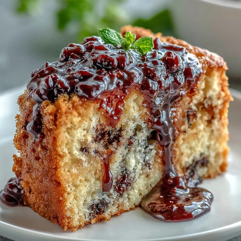 A fork rests beside a juicy wedge of the peanut butter and jelly cake, highlighting the dessert's sweet black currant garnish.