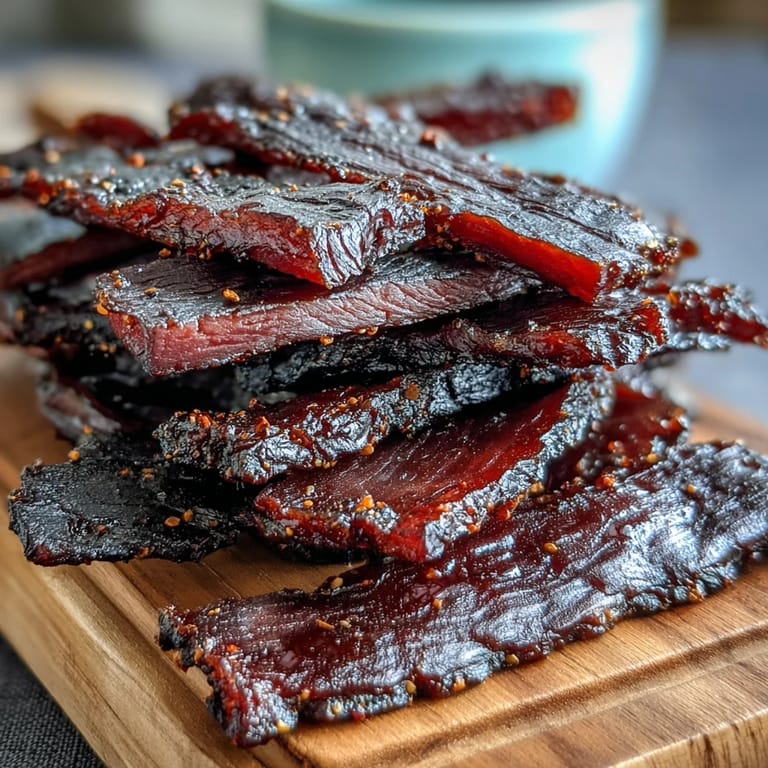 Tender slices of marinated Black Currant Jerky piled high with fresh black currants and herbs.