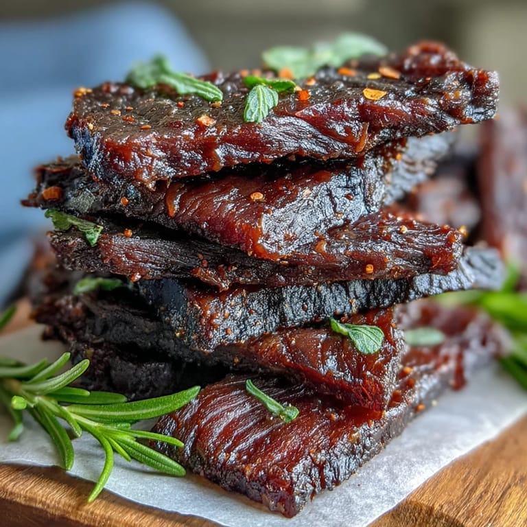 Homemade Black Currant Jerky with a dark, glossy finish served alongside a cold craft beer.