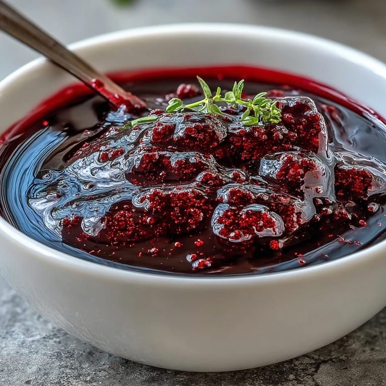 Small glass jar filled with deep burgundy Black Currant Reduction, garnished with fresh thyme sprigs.