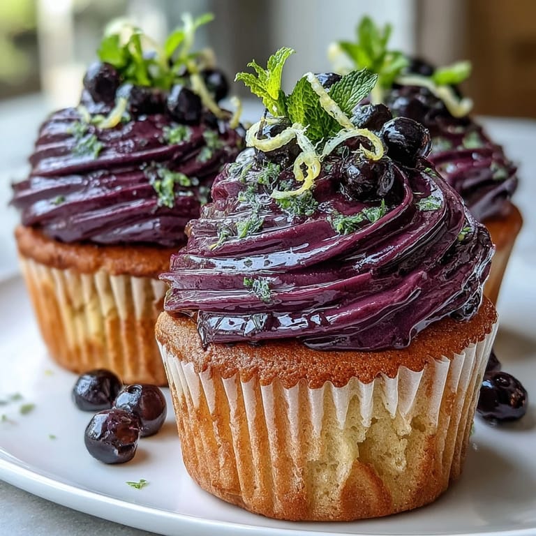 Twelve olive oil cupcakes topped with black currant frosting, arranged on a rustic wooden board.