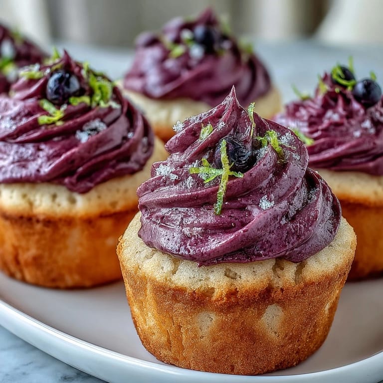 A close-up of an olive oil cupcake with black currant frosting, revealing its tender crumb.