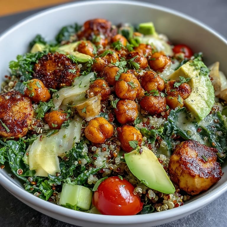 Lemon Vinaigrette Grain Bowls topped with Roasted Chickpeas: a satisfying vegetarian bowl featuring roasted chickpeas, crisp vegetables, and tangy lemon dressing.
