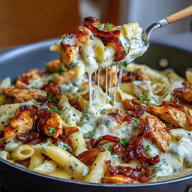 Savory French onion chicken pasta featuring tender chicken, sweet caramelized onions, and gooey melted cheese.  