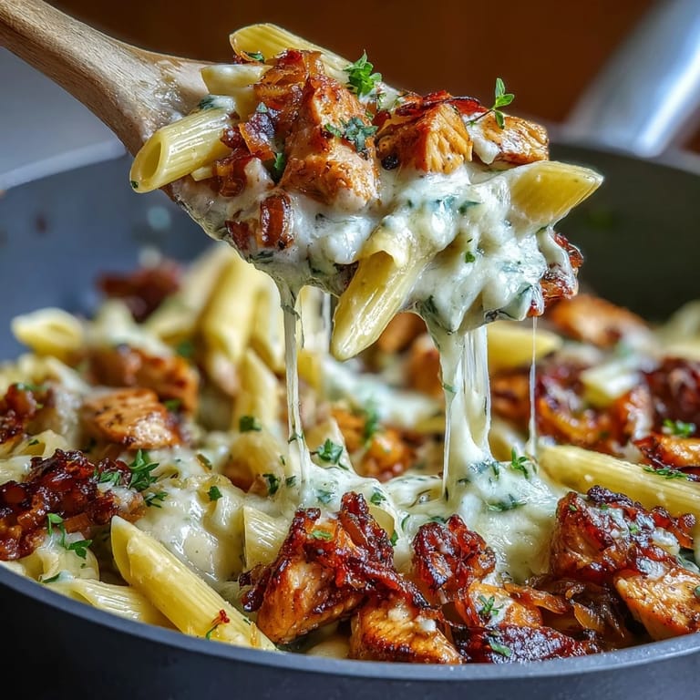Cozy French onion chicken pasta with golden-brown onions, juicy chicken, and bubbling Gruyère cheese topping.