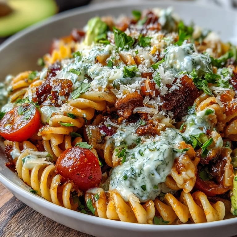 Creamy taco-seasoned pasta salad featuring avocado, bell peppers, and cheddar cheese, perfect for summer potlucks and outdoor gatherings.