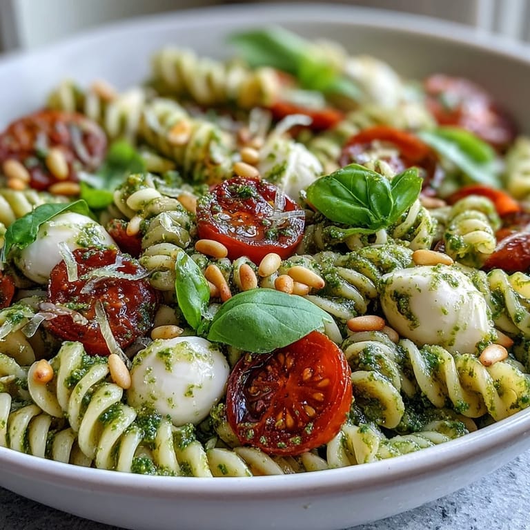 Fresh basil pesto coats tender pasta with juicy cherry tomatoes and creamy mozzarella in this colorful dish.