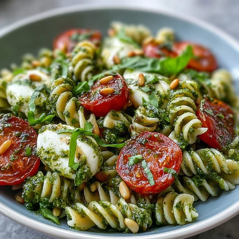 Refreshing pasta salad featuring bright pesto, sweet cherry tomatoes, and soft mozzarella—ideal for picnics and potlucks.