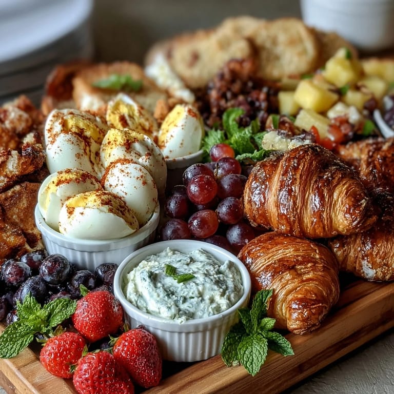 Easter Brunch Board with Deviled Eggs, Fruit, and Pastries: Classic deviled eggs paired with seasonal berries, pineapple, and buttery croissants on a beautiful shared platter.