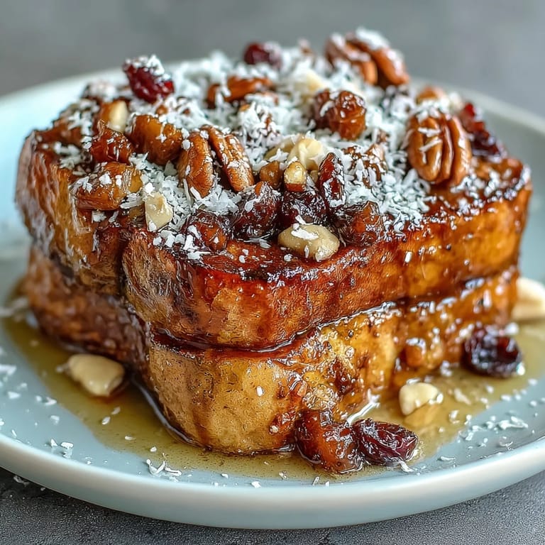 Layered Mexican capirotada bread pudding, featuring toasted bolillo slices, dried fruits, pecans, and melted cheese in rich cinnamon-spiced syrup.