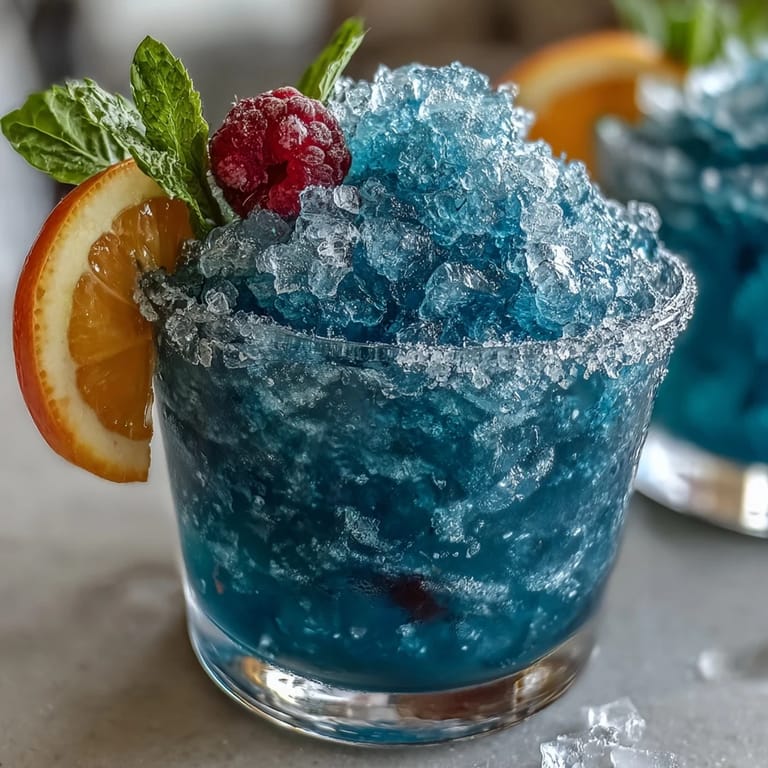 A refreshing frozen drink blending tangy lemon and sweet blue raspberry syrup over crushed ice.