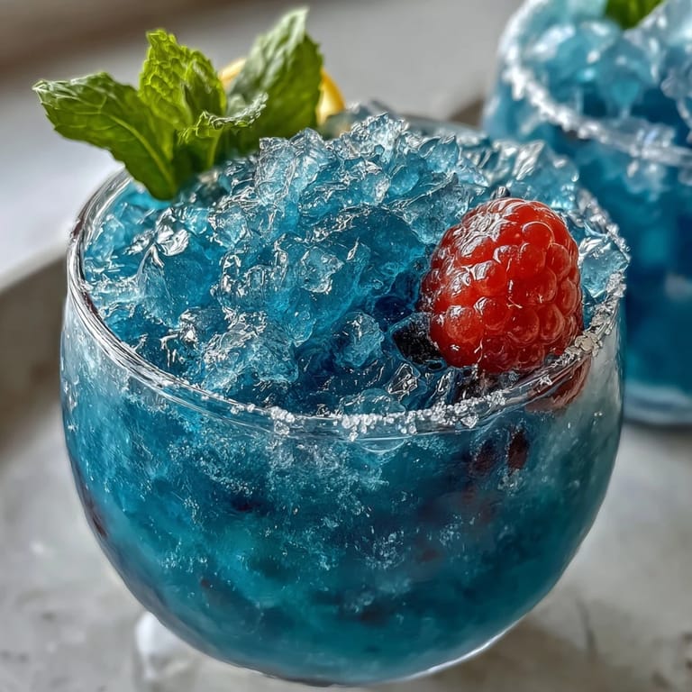 A colorful summer slushie with lemon slices and raspberries, perfect for cooling off on a hot day.