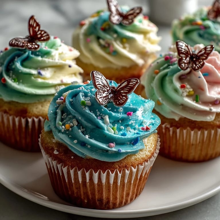 Pastel butterfly buttercream swirls atop vanilla cupcakes, bringing bright colors and delicate decorations to your dessert table.