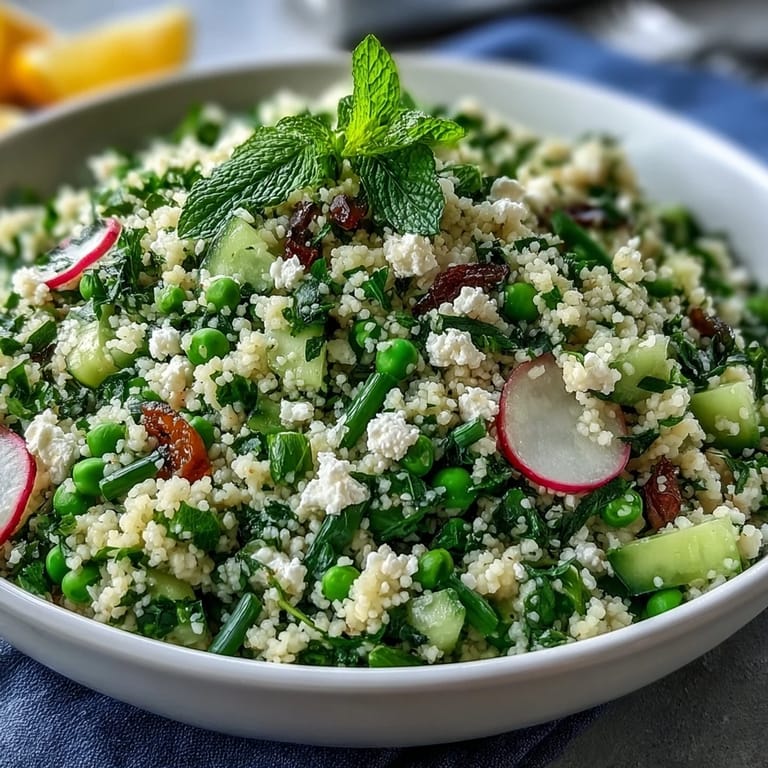 Fluffy couscous tossed with tender spring peas, fragrant mint, and crisp cucumber, drizzled with lemon-garlic dressing for a bright Mediterranean-inspired salad.