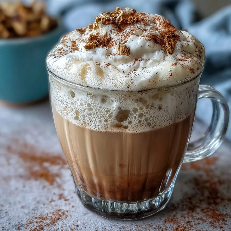 Creamy dandelion tea latte with oat milk and vanilla, served in rustic mugs with frothy foam and a dusting of cinnamon.