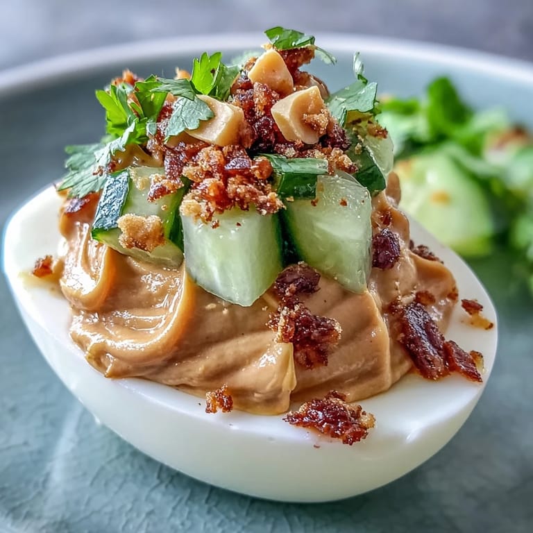 Vibrant Thai Peanut Deviled Eggs, bursting with flavor and garnished with peanuts.