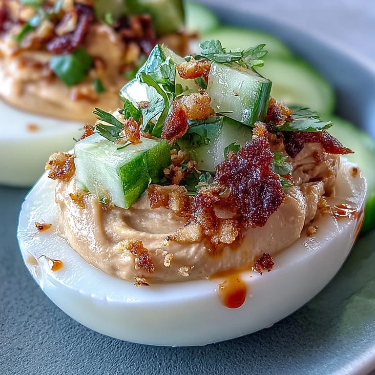 Delightful Thai Peanut Deviled Eggs, perfect for any gathering, served chilled.