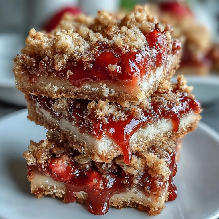Sweet and tart Strawberry Rhubarb Crumble Bars, topped with a golden, streusel finish.
