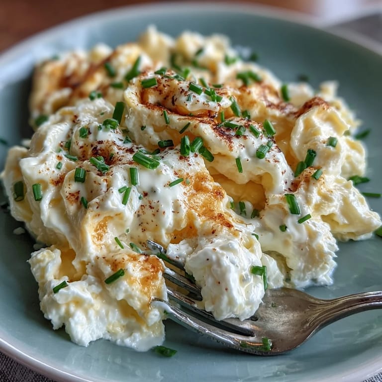 Slightly firm, savory cottage cheese scrambled eggs ready to enjoy immediately.