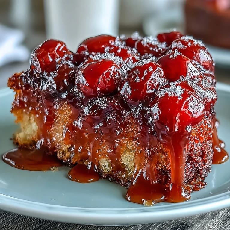 A beautiful, golden cherry almond upside-down cake ready to be served warm.