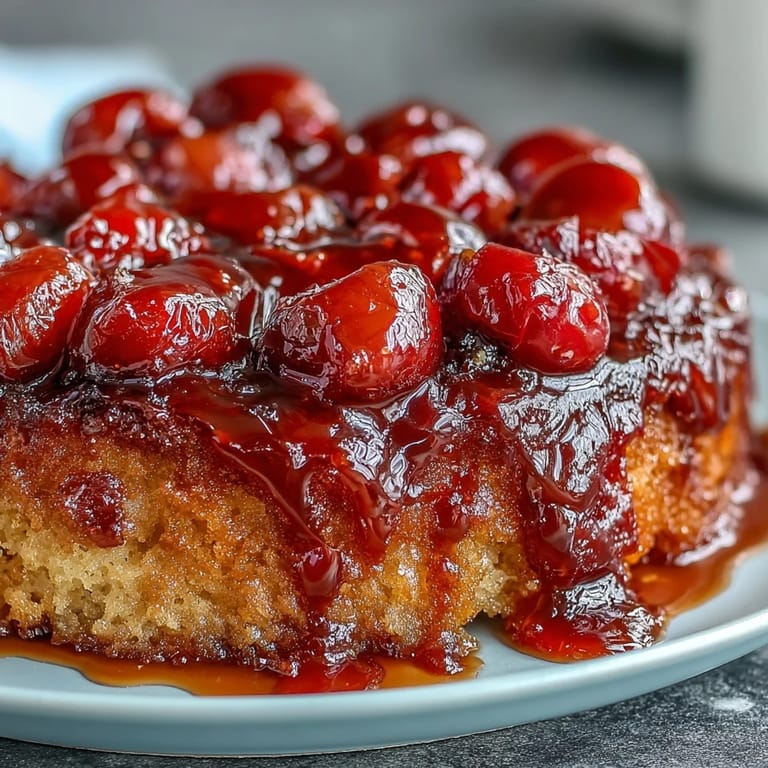 Moist cherry almond upside-down cake featuring plump cherries over tender, baked batter.