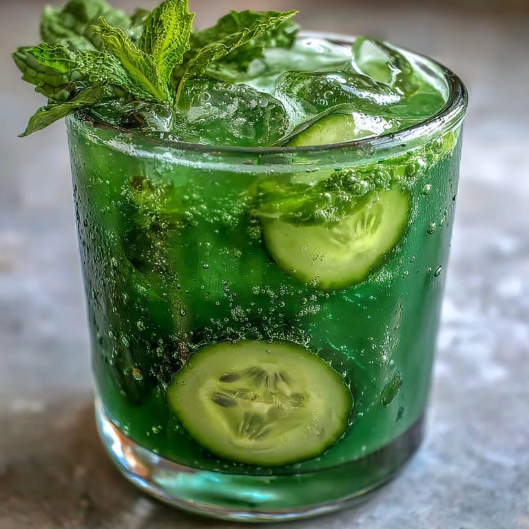 Chilled, bright green detox agua fresca, served with lime and cucumber slices.