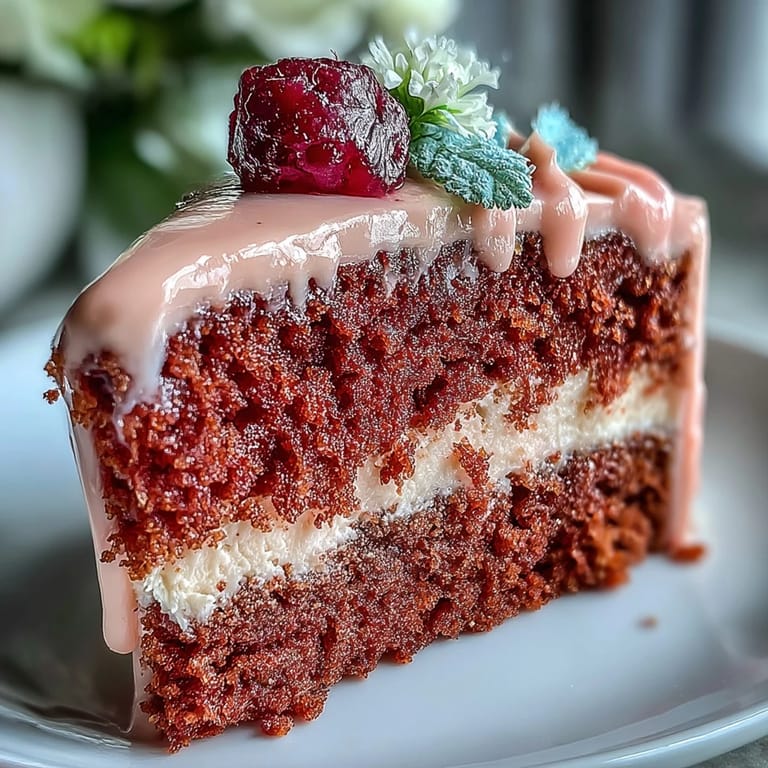 Show-stopping Bridal Shower Rosé Velvet Cake with creamy frosting and gilded edges.