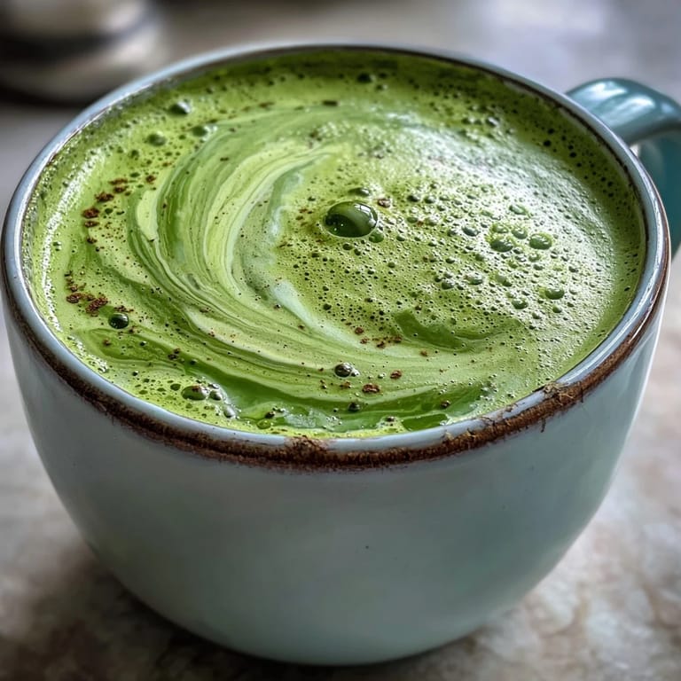Frothy, dairy-free matcha oat milk latte, showcasing an inviting, natural green hue.