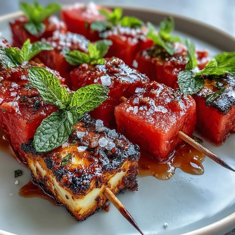 Grilled Halloumi and Watermelon Skewers glistening, a sweet and savory summer appetizer.