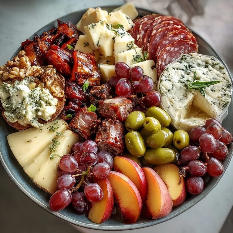 A refreshing Summer Charcuterie Board's cheeses, fruits, meats, and honey beautifully arranged.