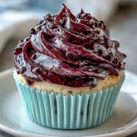 Creamy Black Currant Frosting swirls onto a cupcake with vibrant purple hue and fresh berry garnish.