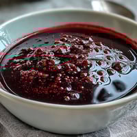 Dark purple Black Currant Reduction simmering in a saucepan with red wine, thyme, and bay leaf.