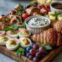 Easter Brunch Board with Deviled Eggs, Fruit, and Pastries: A colorful spread of deviled eggs, fresh fruit, and assorted pastries perfect for festive Easter brunch gatherings.