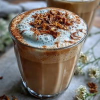 Dandelion Tea Latte with Oat Milk and Vanilla in two white mugs, topped with creamy foam and a sprinkle of cinnamon.