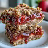 Golden Strawberry Rhubarb Crumble Bars, bubbling fruit and buttery oat crust.