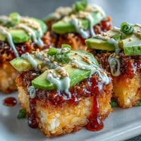 Spicy tuna crispy rice bites with creamy avocado, shimmering with spicy mayo.